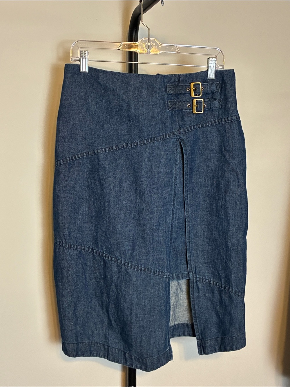 Anthro HOLDING HORSES Dark Blue Jean Denim Midi Skirt Buckles Size 8 - Picture 2 of 8